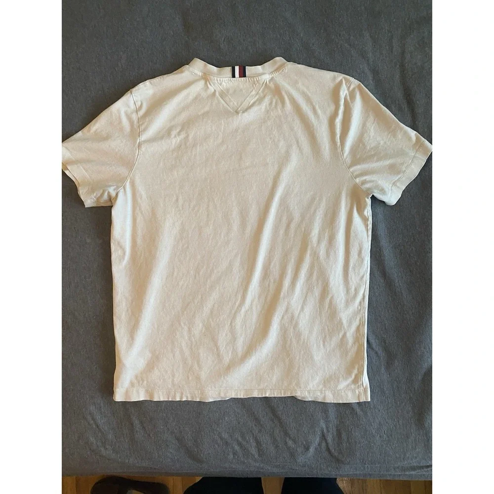 TOMMY HILFIGER Mens T-Shirt Top Large Beige Cotton Embroidered